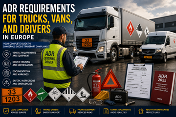 Requisitos ADR para camião e condutor no transporte de mercadorias perigosas na Europa, com equipamento de segurança