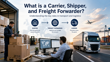 Cadeia de transporte na Europa a mostrar expedidor, transitário e transportador a trabalhar em conjunto para mover mercadorias entre países