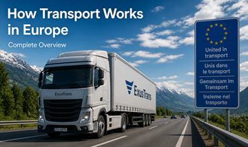 Transporte por camião nas autoestradas europeias, logística, movimentação de cargas entre países da UE, cadeia de abastecimento moderna
